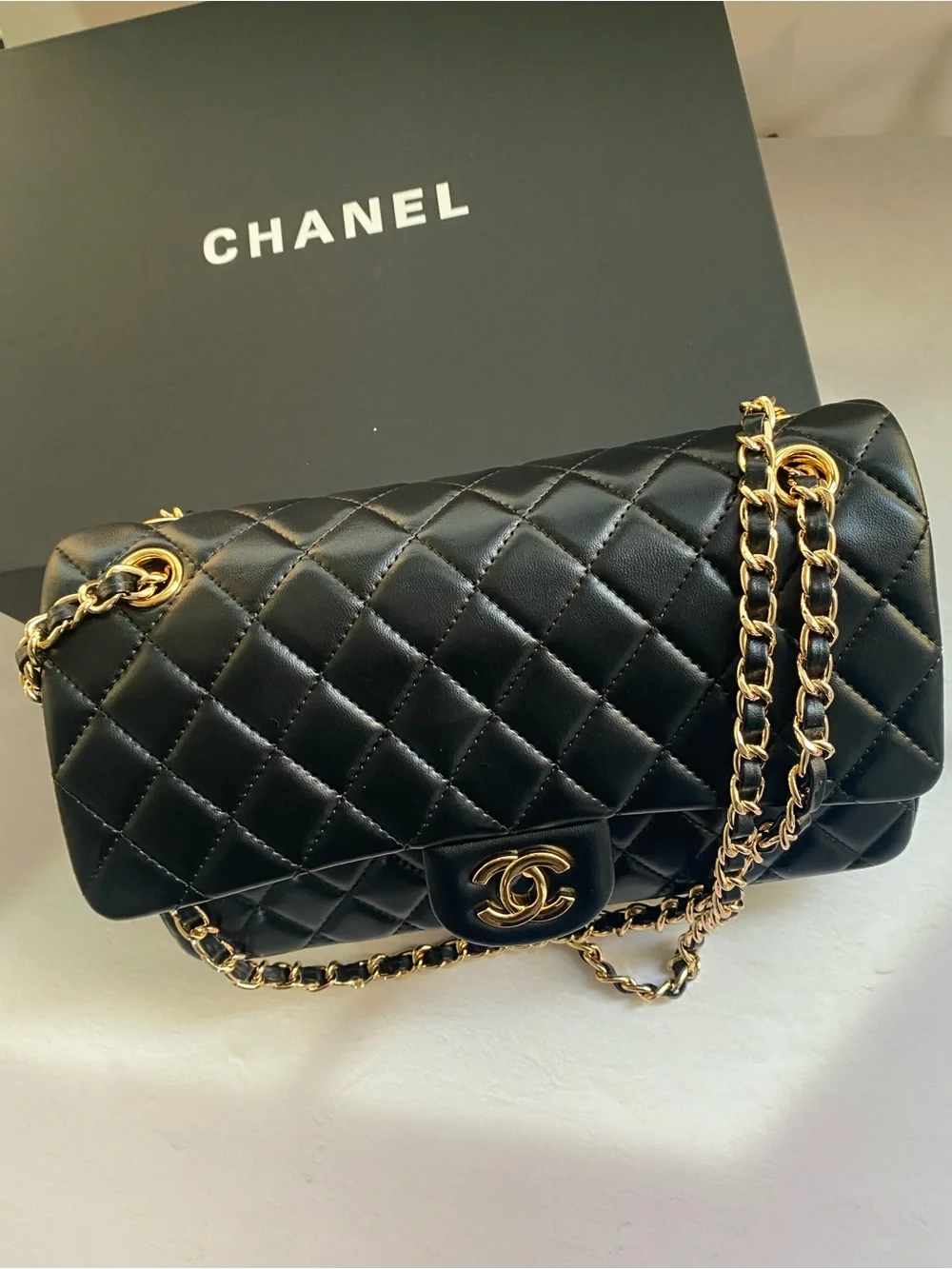 Chanel Quilted Lambskin Classic Flap Crossbody Bag in Black with Gold Hardware